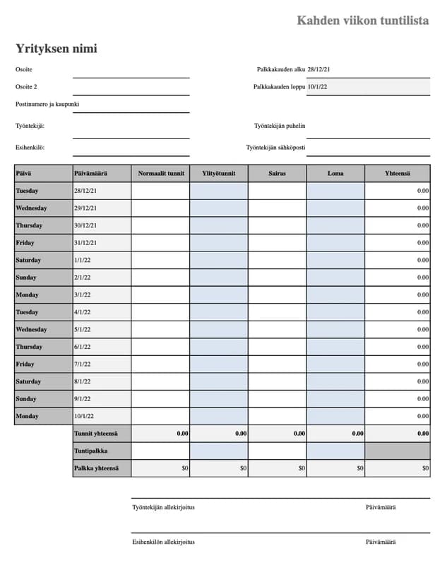 Esikatselu Excel-pohjasta Työaikataulukko sairaus- ja lomatunneilla