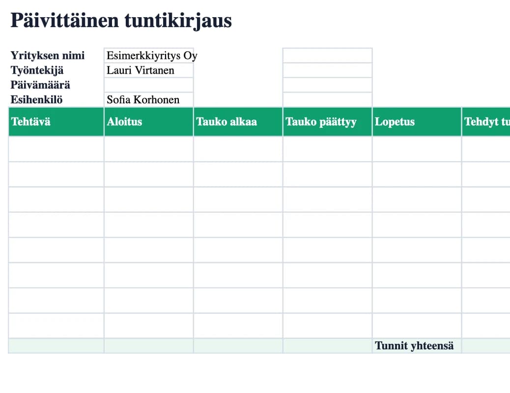 Excel-esikatselu: Päivittäinen tuntikirjaus