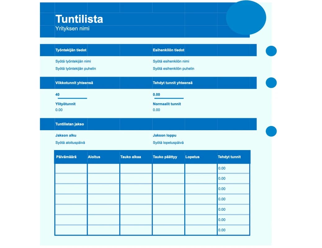 Esikatselu Excel-pohjasta Yksinkertainen työajanseuranta
