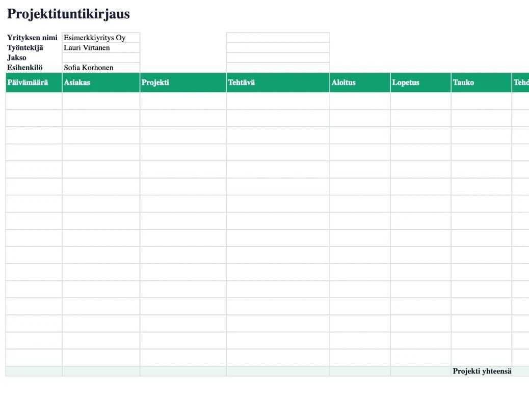 Excel-esikatselu: Projektituntikirjaus