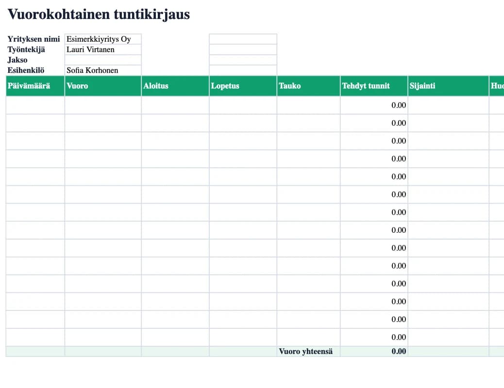 Excel-esikatselu: Vuorokohtainen tuntikirjaus