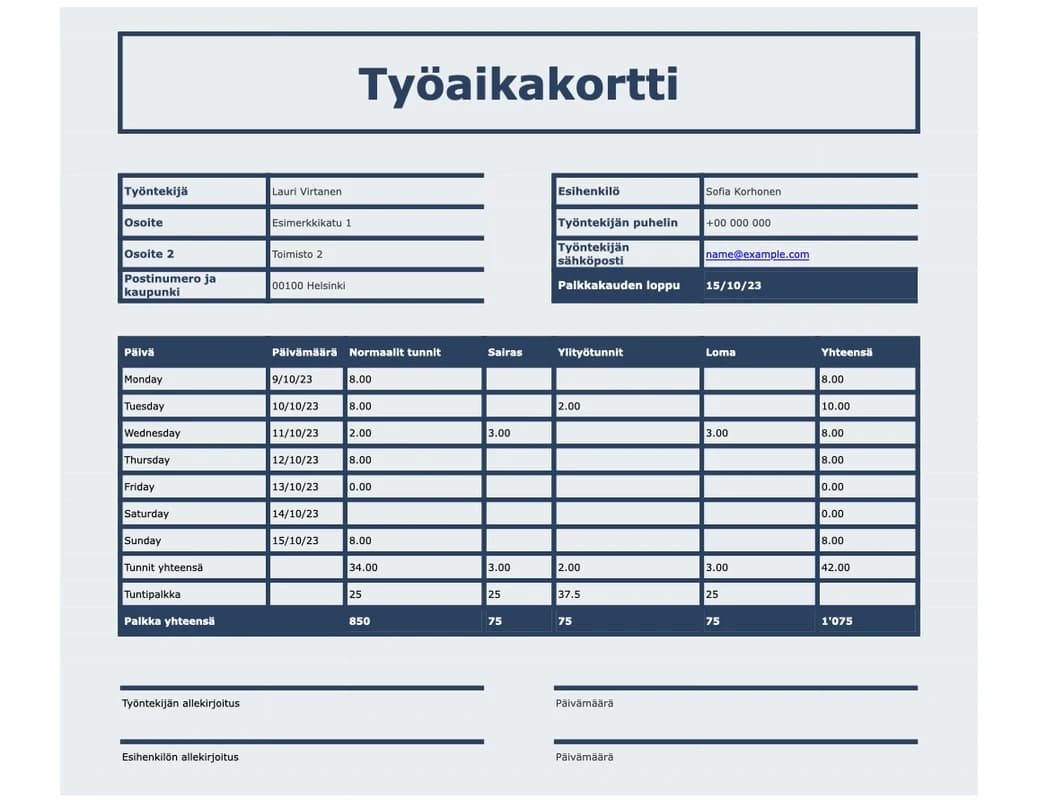 Esikatselu Excel-pohjasta Kellokortti työajan sisään- ja uloskirjaukseen