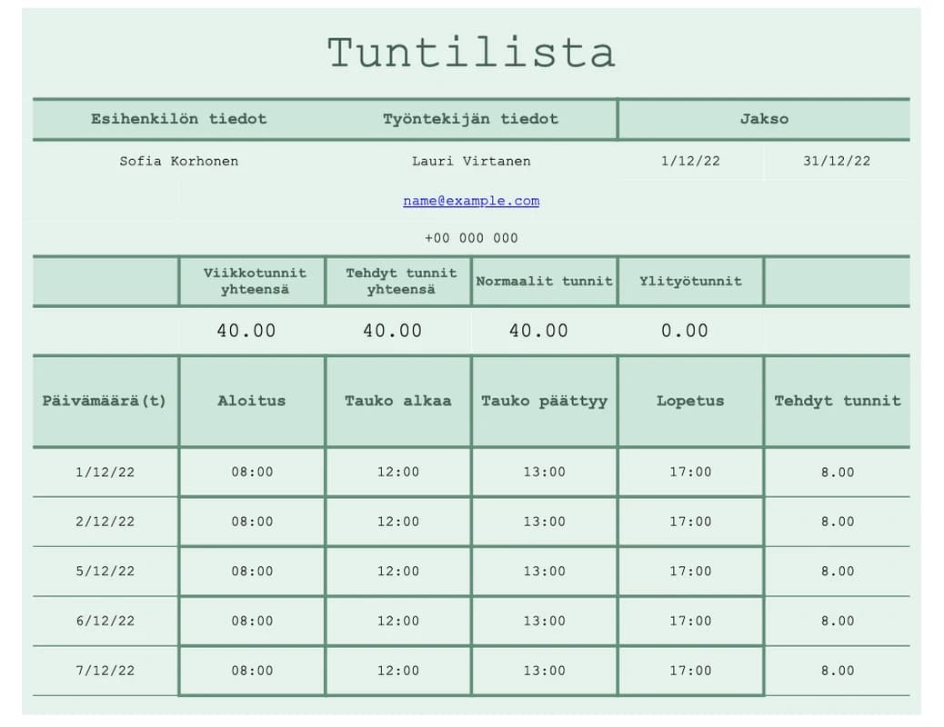 Esikatselu Excel-pohjasta Projektikohtainen tuntiseuranta